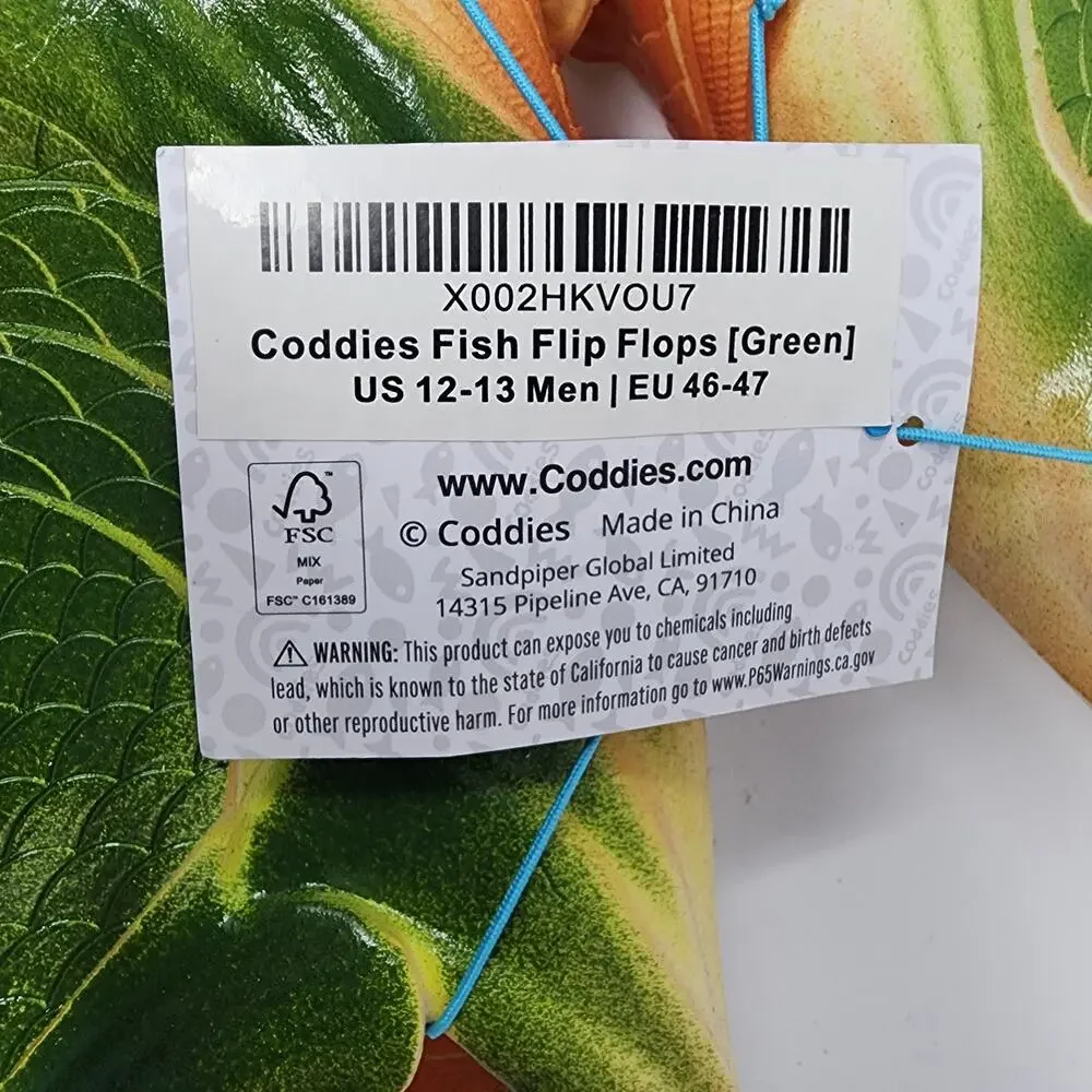Coddies Fish Sandals Men 12-13 Green Rubber Bass Fisherman Gift Gag Gift NWT